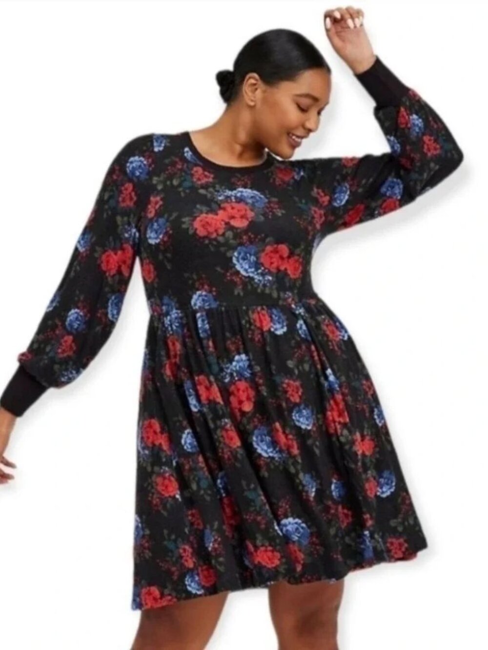 Torrid Super Soft Plush Plus Size Black Blue Red Floral Long-Sleeve Swing Dress